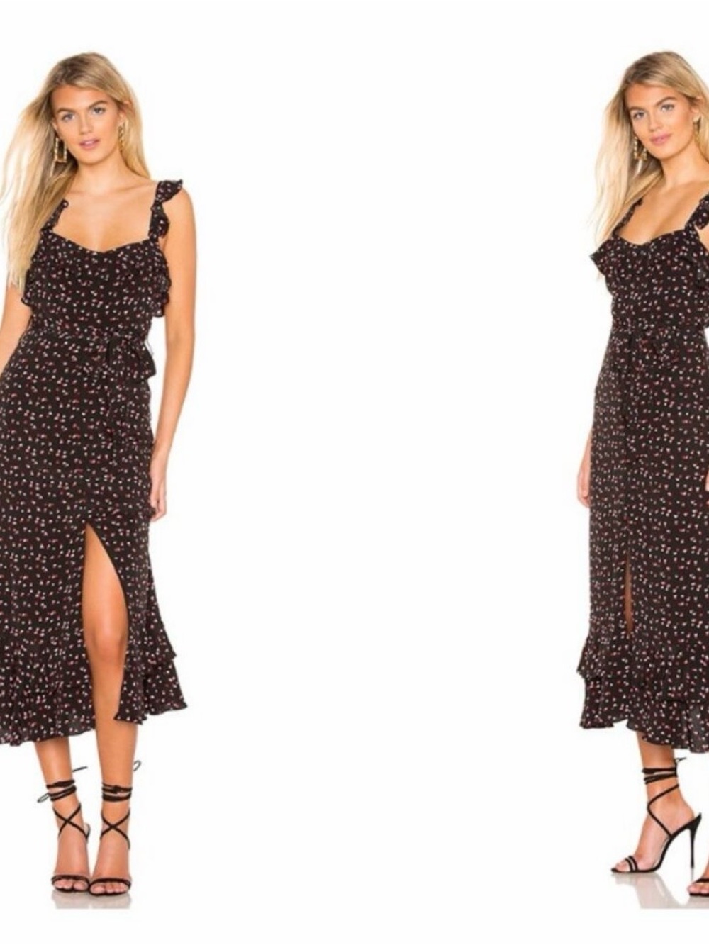Lovers + Friends Black Nova mini hearts Floral Ruffle Midi Dress Front Slit S